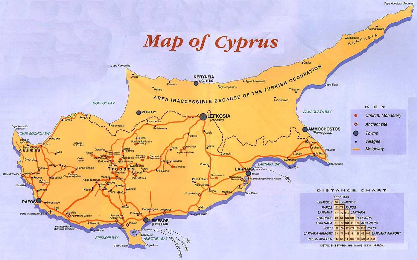 Kyproksen loma kartta - Kyproksen lomakohteisiin kartta (Etelä-Euroopassa -  Eurooppa)
