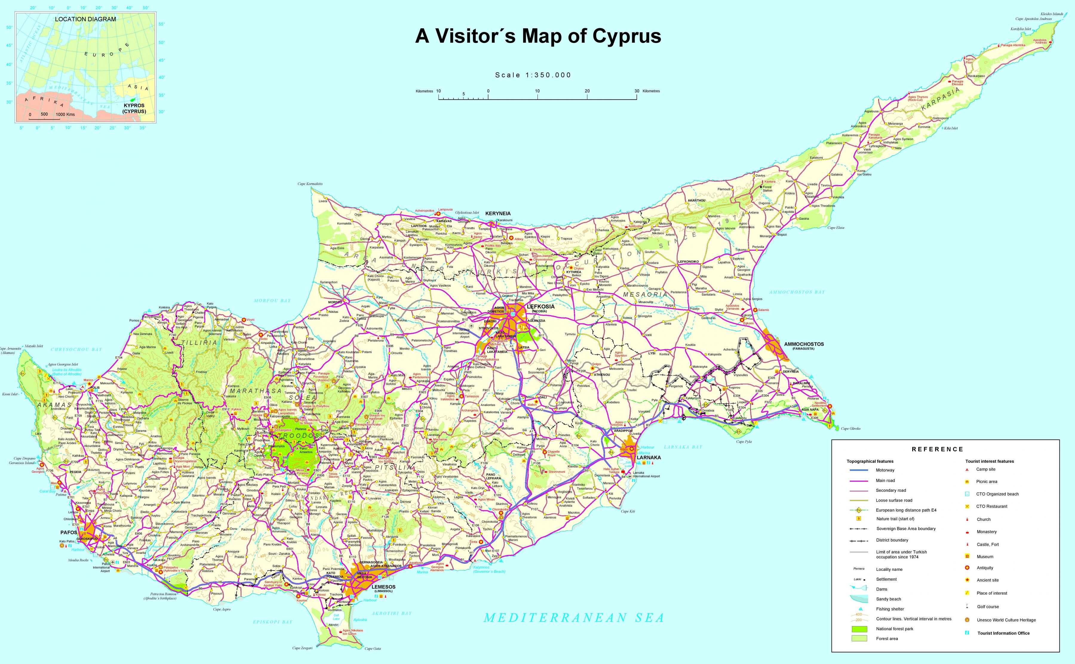 Kypros on välimeren kartta - Kartta Kyproksen välimeren alueen  (Etelä-Euroopassa - Eurooppa)