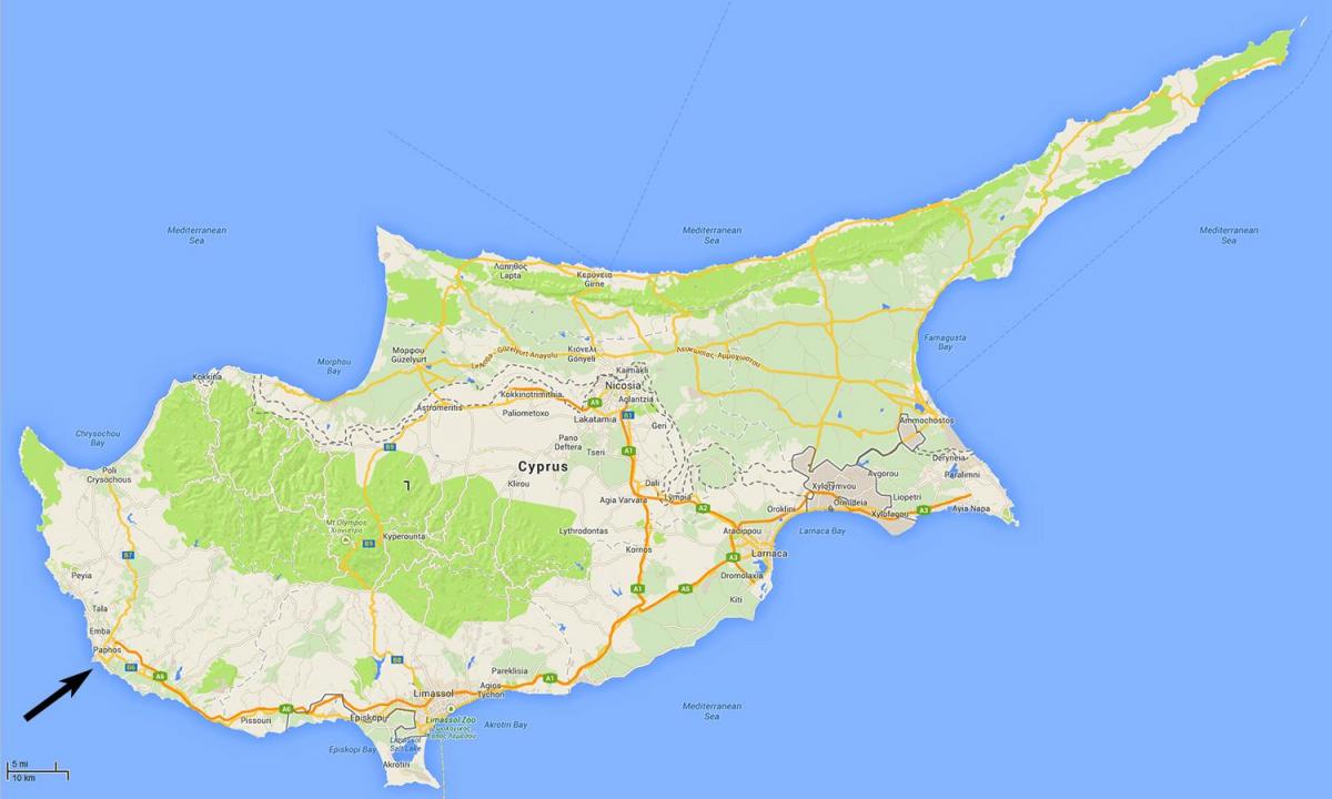 kartta Kyproksen osoittaa lentokentät